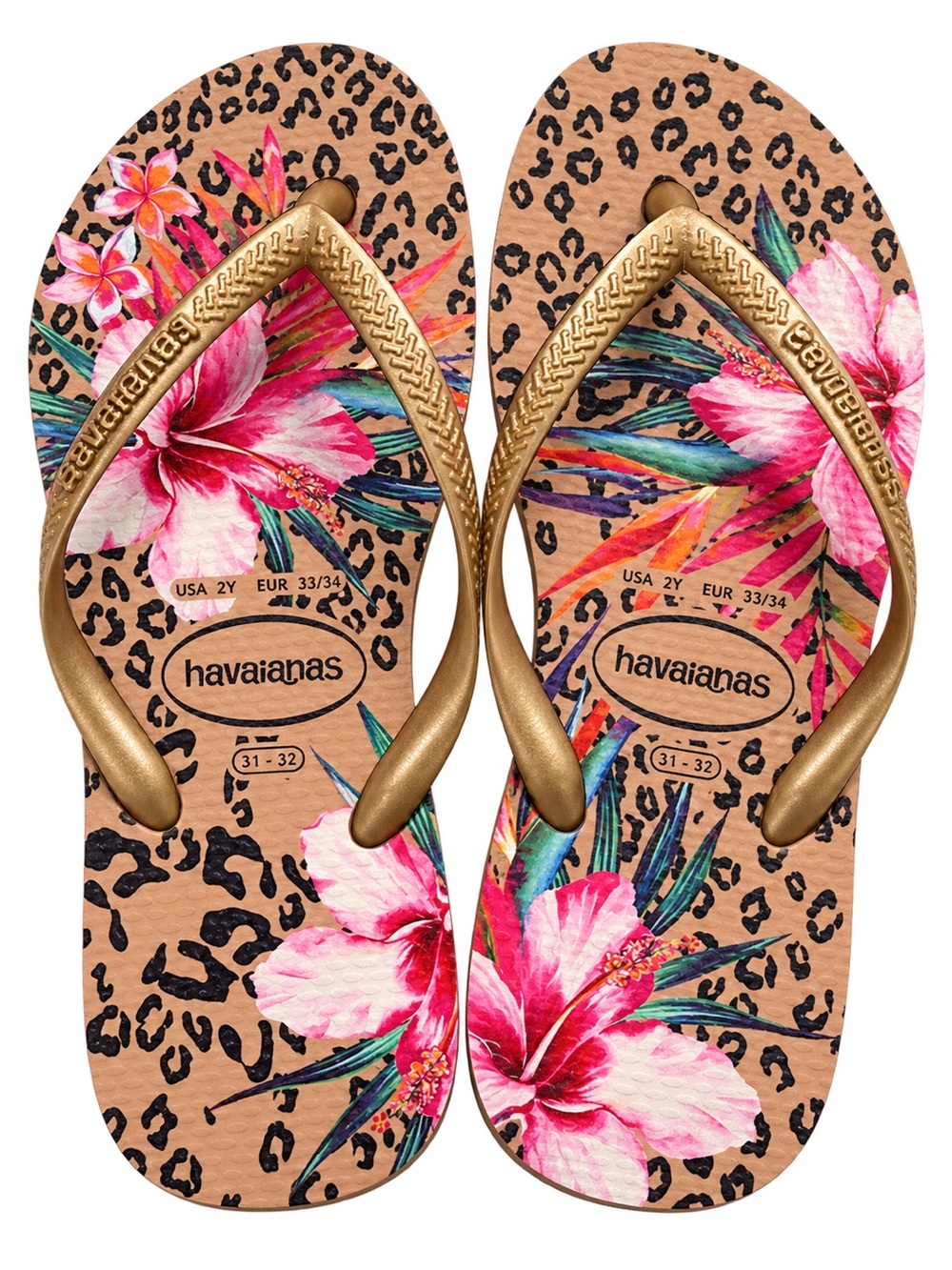 Havaianas Kids Floral Leopard Flip Flops Gold Straps Size 2Y